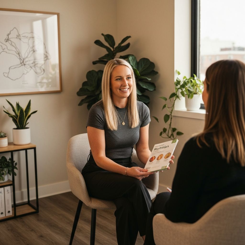 Friendly nutrition consultant discussing meal plans