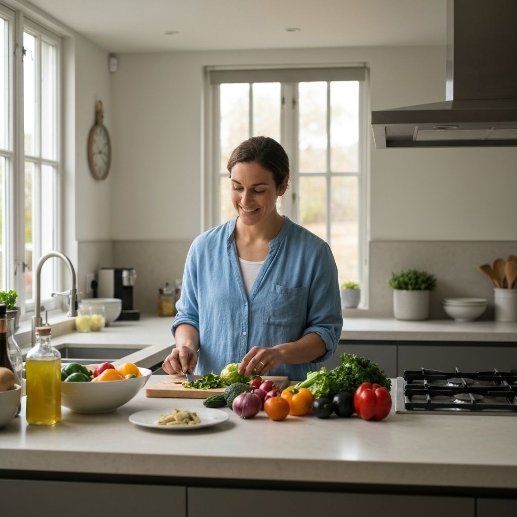 Person preparing a balanced meal with fresh vegetables